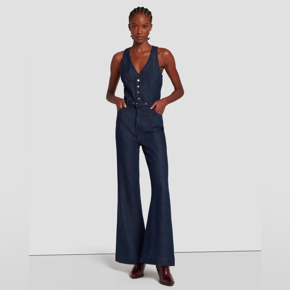 7 For All Mankind | NWT! DENIM LUSTRE TAILORED WIDE LEG JUMPSUIT IN DARK RINSE